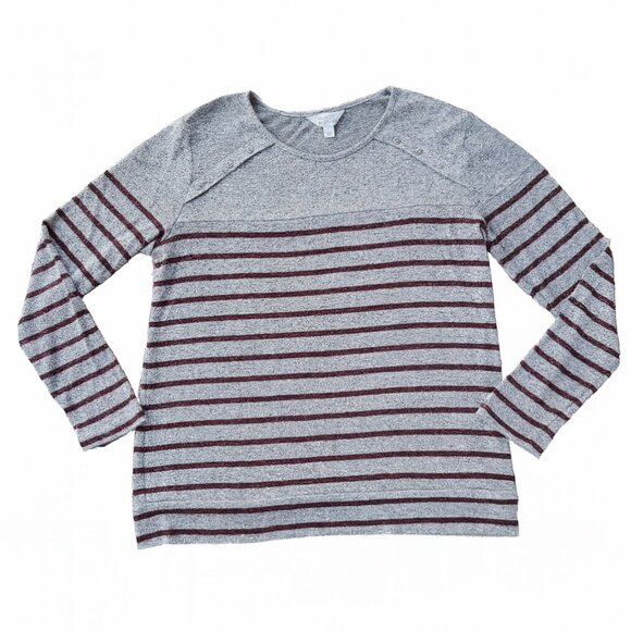 Market & Spruce Gloria Button Brushed Knit Top Grey  Burgundy Stripe size L - Picture 1 of 13